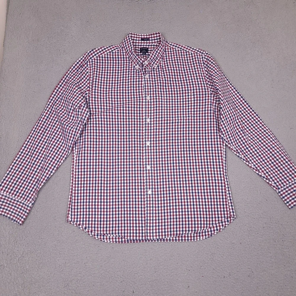 J Crew Shirt Mens XL Slim Fit Red White Blue Gingham Plaid Flex Washed Button Up